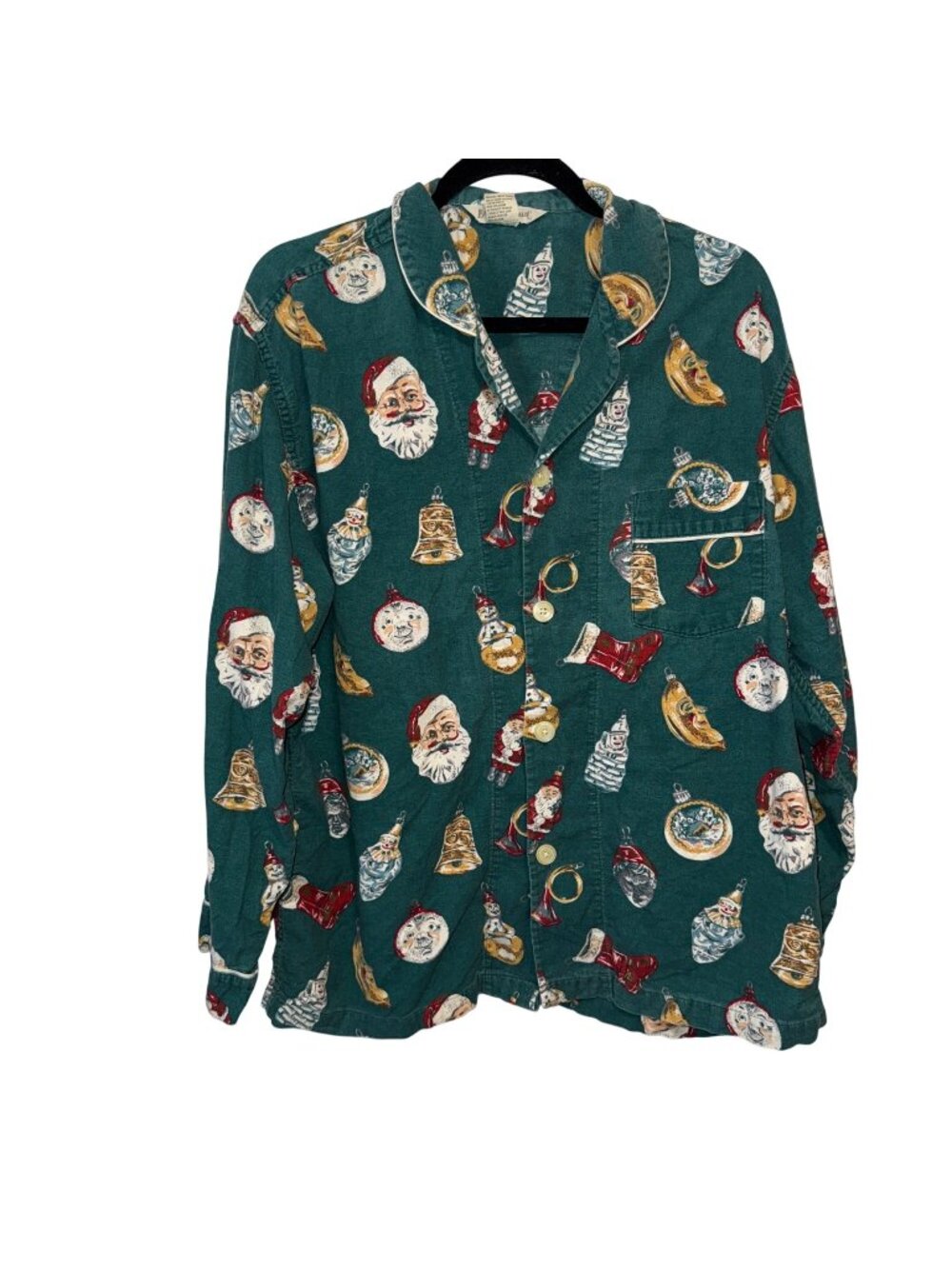 Vintage Banana Republic Green Christmas Pajama Top With Santa & Ornament Print